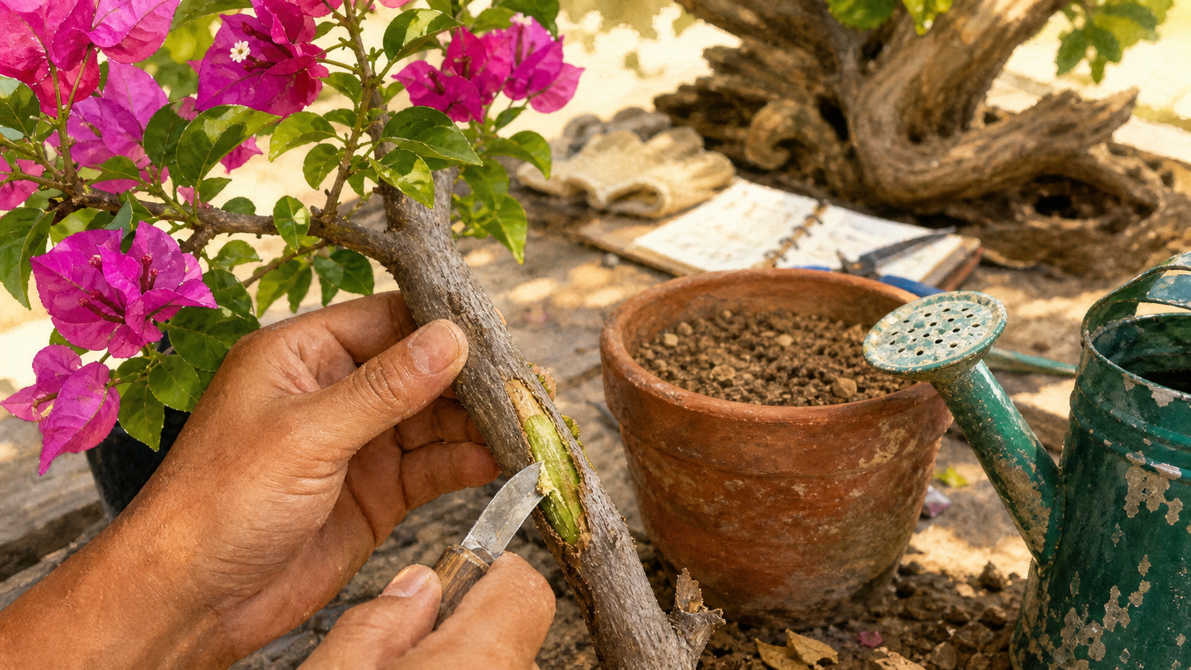 Comment faire revivre un bougainvillier : écorce grattée, cambium vert, branche en réparation