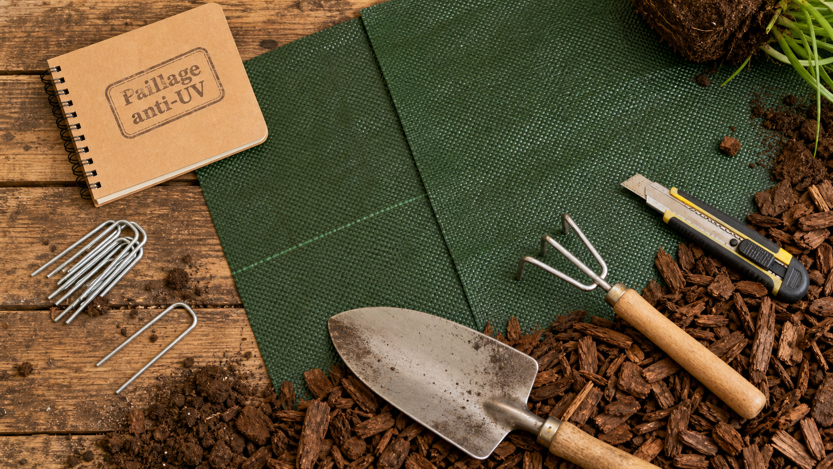 Comment poser de la toile de paillage : toile verte et agrafes sur sol terreux