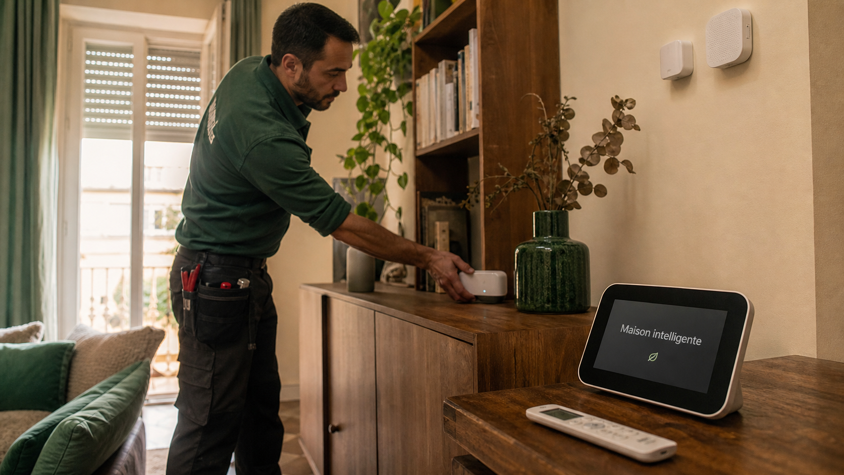 Domotique exemple : homme installe un hub maison intelligente sur une étagère