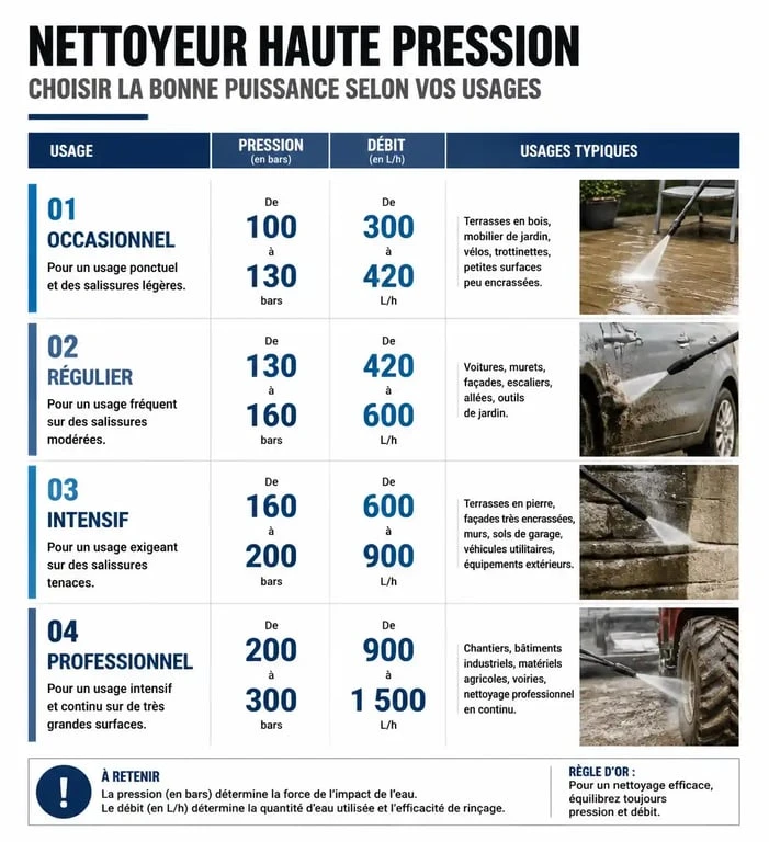 Infographie comparative des performances des nettoyeurs haute pression selon l'usage