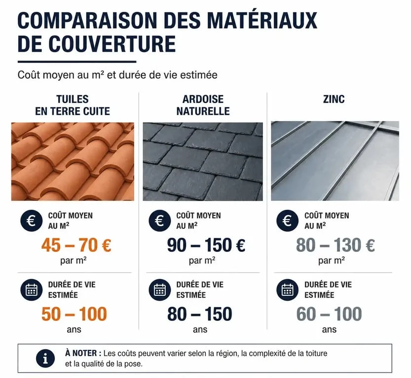 Tableau comparatif des matériaux pour une toiture à refaire : prix et durée de vie