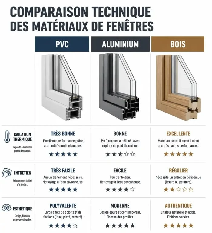 Comparatif des matériaux pour fenêtre double vitrage sur mesure : PVC, Aluminium et Bois