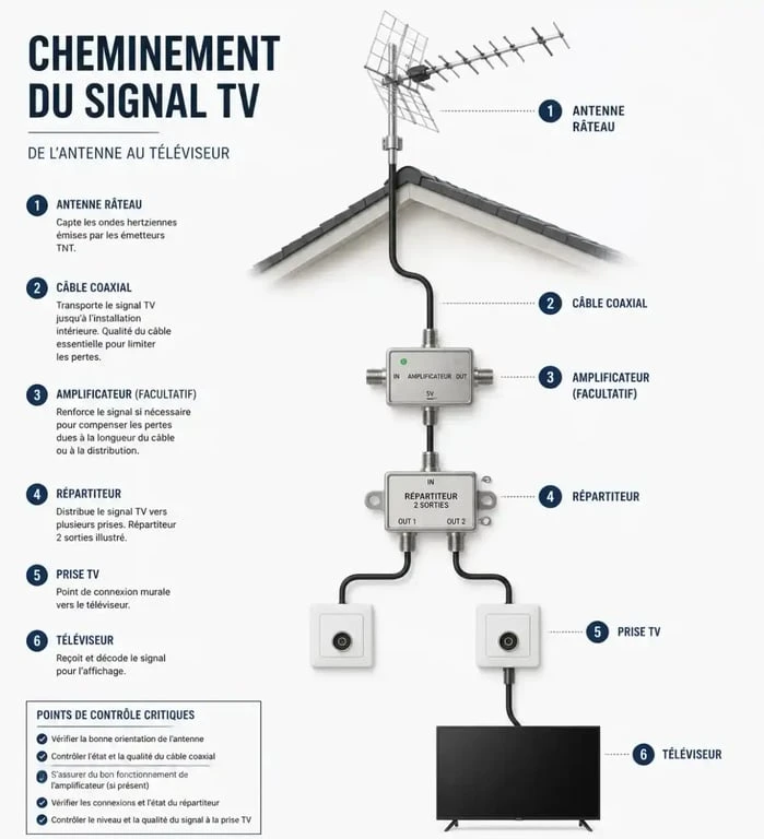 Schéma de diagnostic pour le dépannage antenne TV : points de contrôle du signal