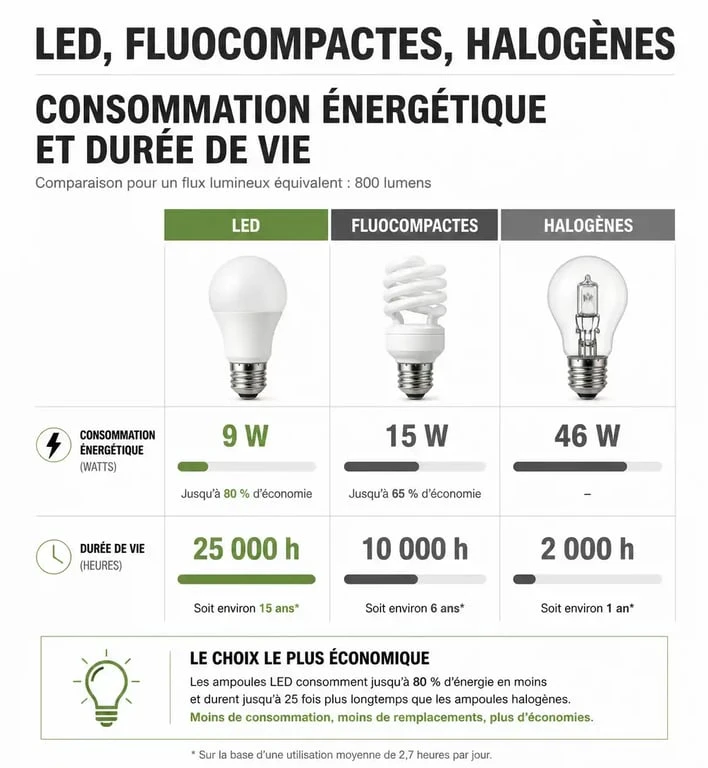 Comparatif des performances et économies d'énergie des ampoules économiques LED et fluocompactes