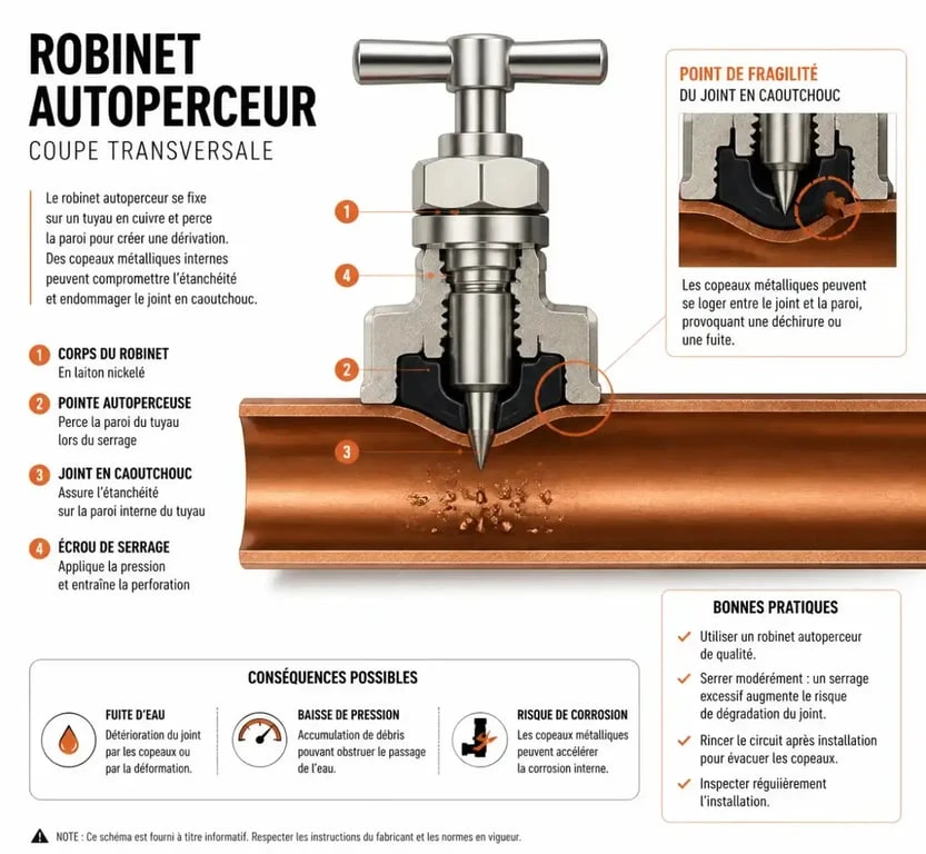 Schéma technique illustrant les risques et les dangers d'un robinet autoperceur sur une canalisation en cuivre