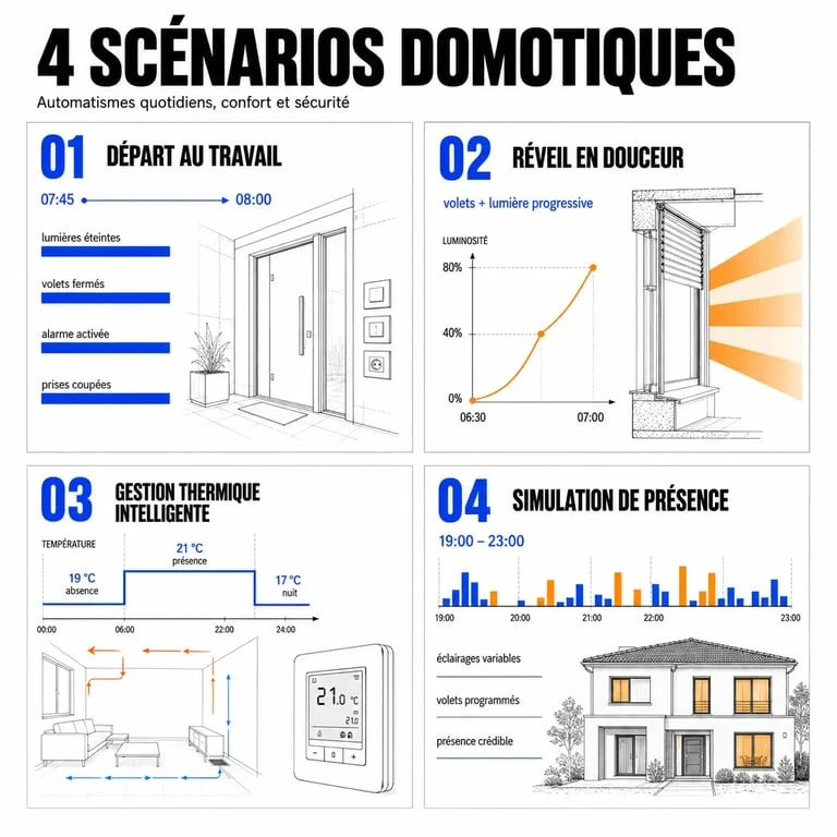 Exemples de scénarios domotique pour la maison intelligente : gestion de l'énergie, sécurité et confort.
