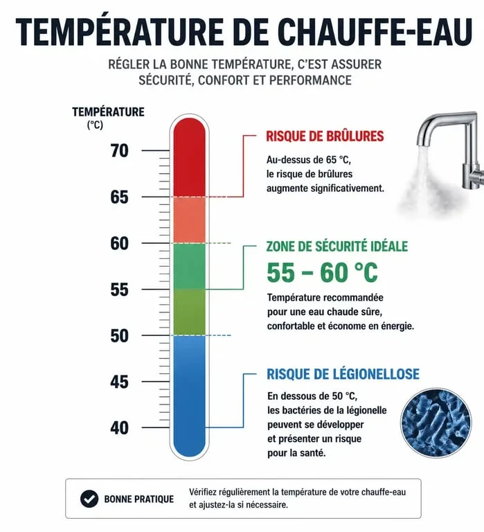 Infographie sur le réglage idéal de la température d'un ballon d'eau chaude pour la sécurité et les économies d'énergie