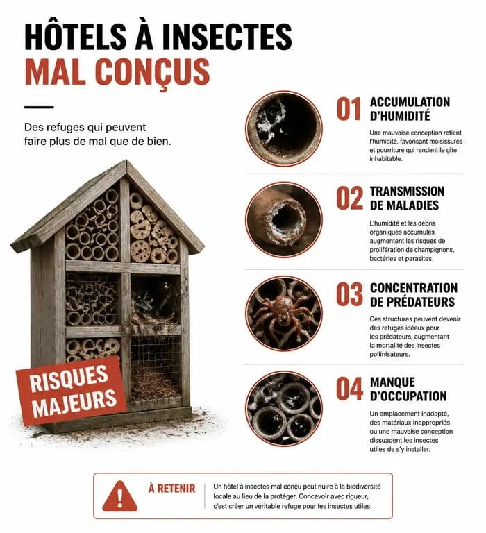 Infographie illustrant les inconvénients et risques des hôtels à insectes pour la biodiversité