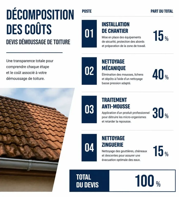 Exemple de devis démoussage toiture : décomposition des coûts et étapes des travaux