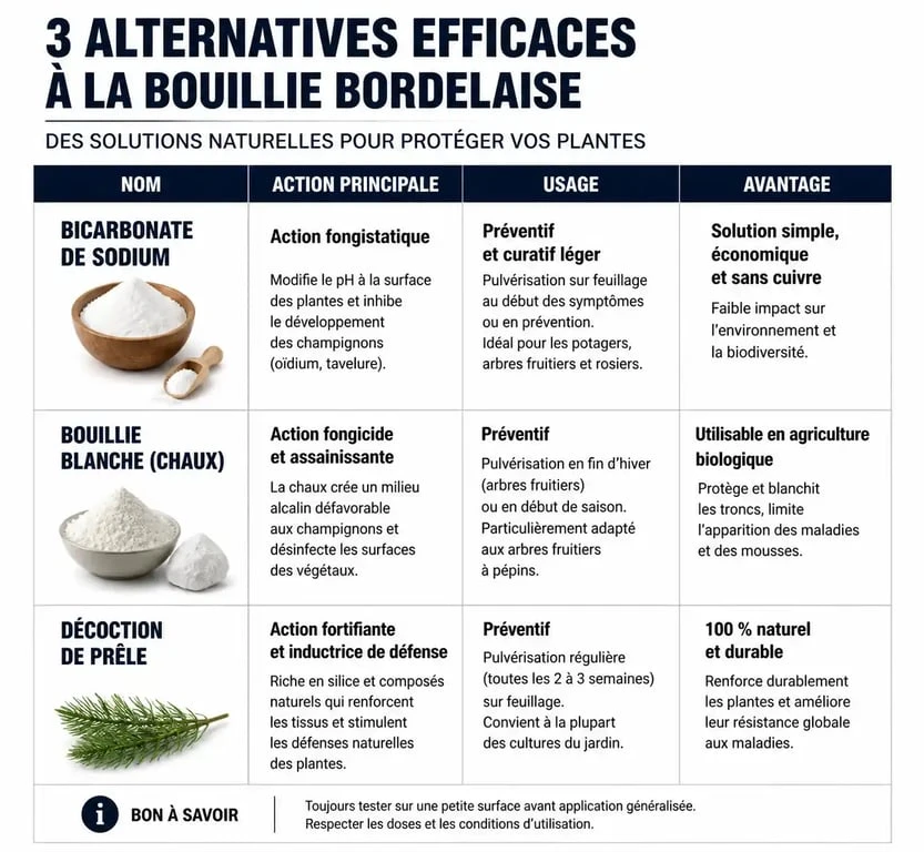 Infographie comparative des alternatives naturelles à la bouillie bordelaise pour le jardin