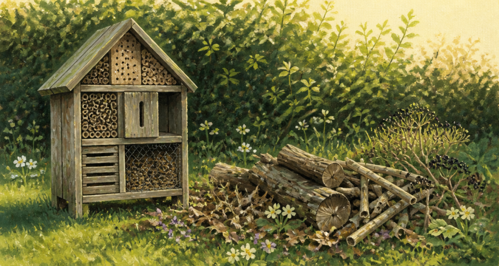 hôtel à insectes inconvénients dans un jardin printanier
