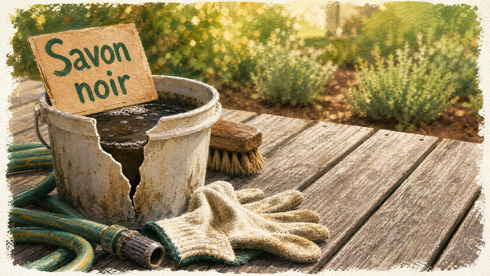 Nettoyage terrasse en bois au savon noir, brossage