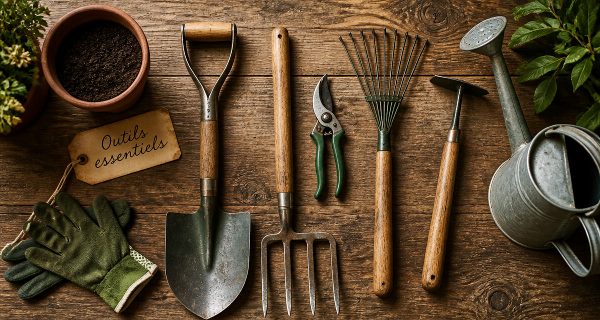 outils de jardinage liste avec photos sur plan de travail