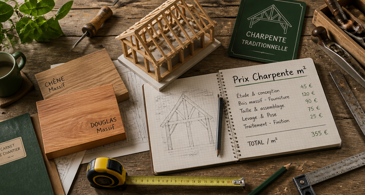prix charpente échantillons bois et outils