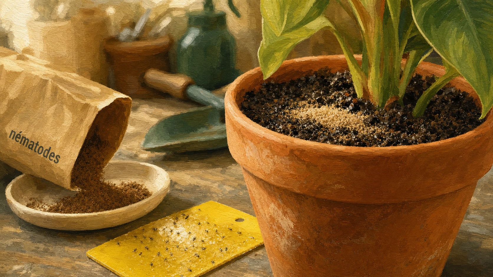 Produit anti moucheron plantes : nématodes sur terreau avec plaquette jaune engluée