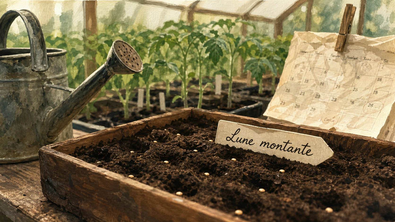 Quand semer les tomates avec la lune : terrine de semis et étiquette « Lune montante »