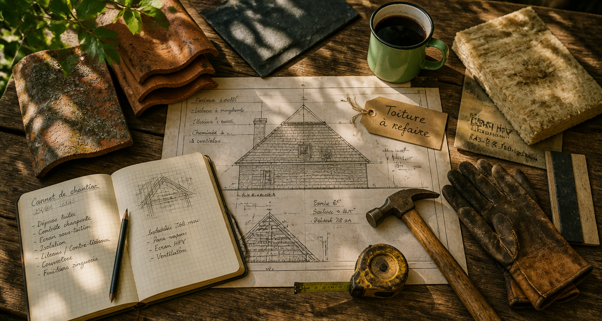toiture à refaire, plans, outils couvreur, matériaux
