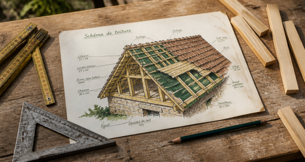 toiture schéma dessiné outils charpentier