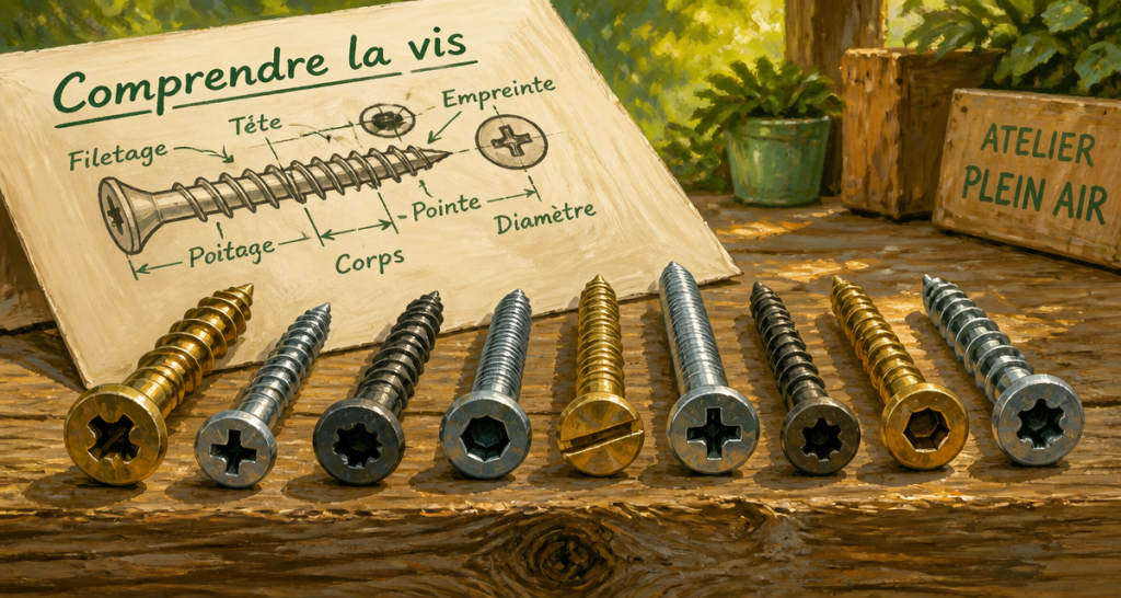 gros plan une vis des visses sur établi avec schéma