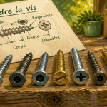gros plan une vis des visses sur établi avec schéma