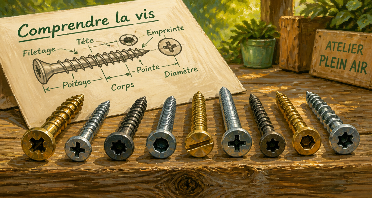 gros plan une vis des visses sur établi avec schéma