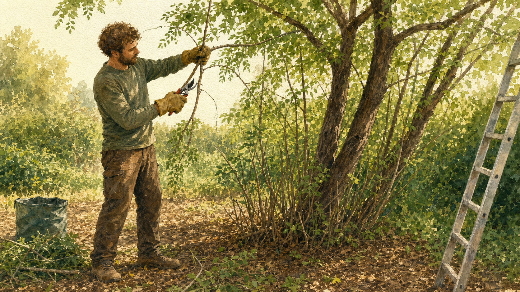 Acacia taille : jardinier taille le faux-acacia, drageons au pied