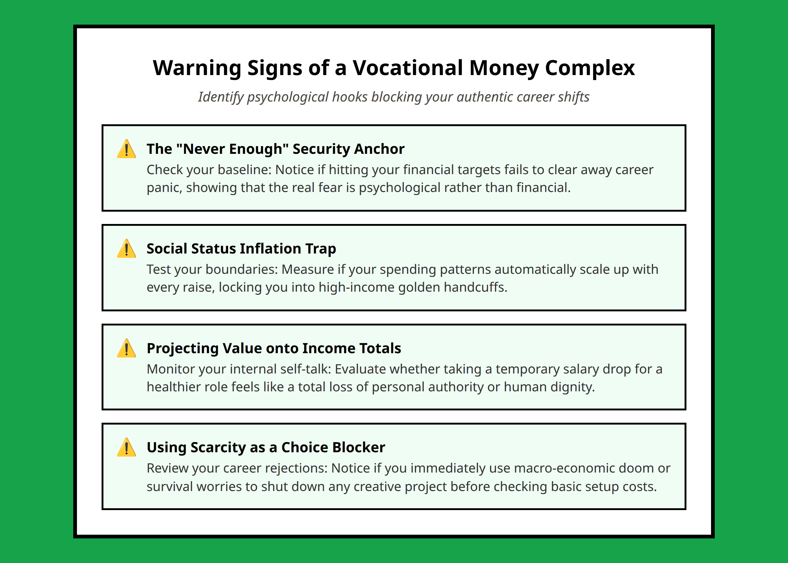 Checklist to identify money complex warning signs in career adjustments