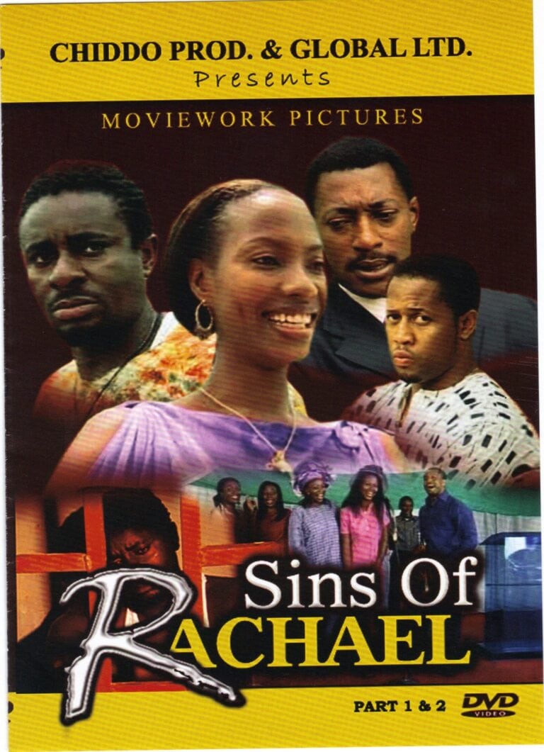 Elegant African actresses and actors on a vibrant movie poster for "Sins of Rachael".