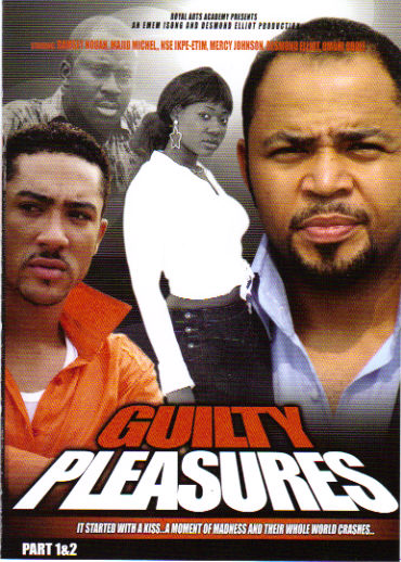 African movie review poster featuring actors from the film "Guilty Pleasures".