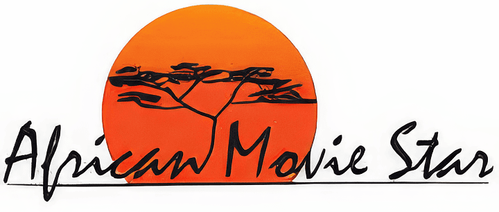 Vibrant logo of African Movie Star showcasing an orange sunset, tree silhouette, and bold film review branding.