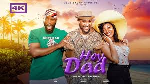 A vibrant scene from the African movie "Hey Dad" featuring joyful actors on a tropical beach.