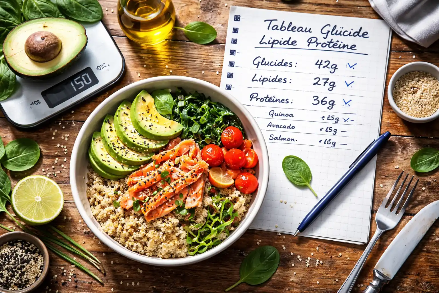 tableau glucide lipide proteine sur table avec aliments