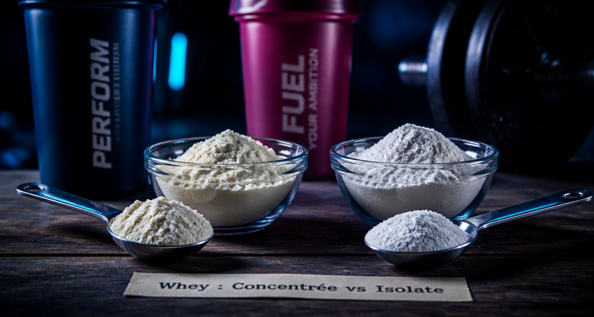 Difference whey et isolate sur plan de cuisine sportif