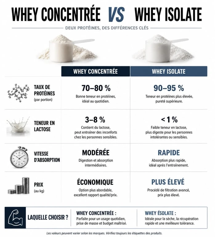Tableau comparatif des différences entre whey concentrée et whey isolate pour la nutrition sportive