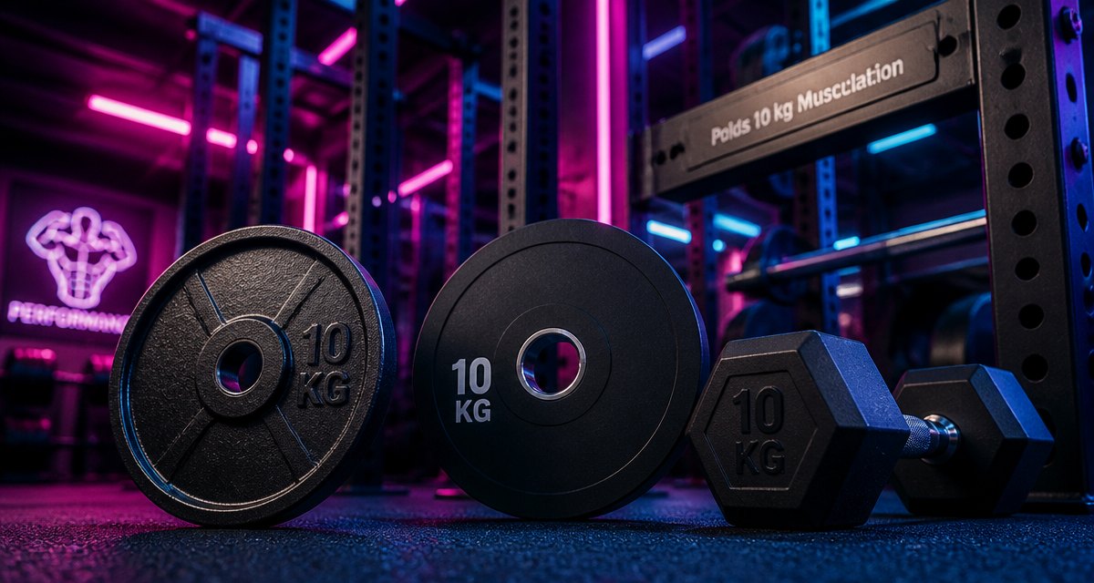 poid 10 kg musculation sur sol bleu en salle