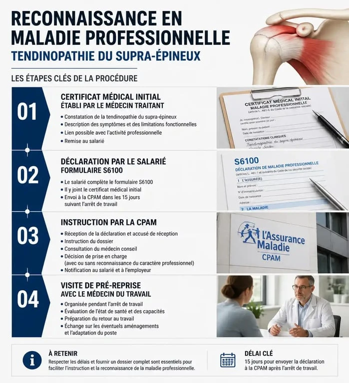 Schéma des étapes de reconnaissance en maladie professionnelle pour une tendinopathie du supra-épineux