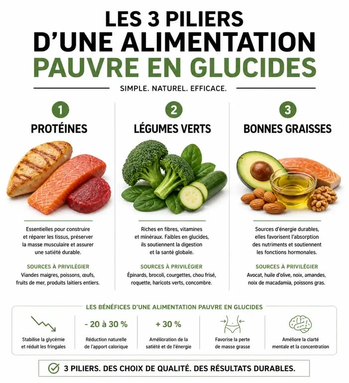 Infographie sur les aliments pauvres en glucides pour une alimentation saine