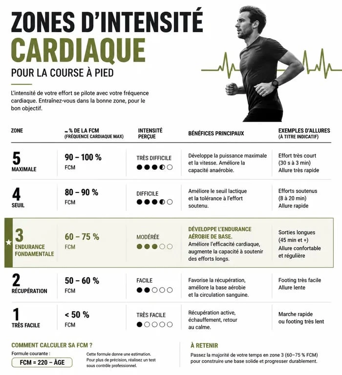 Infographie des zones d'entraînement en course à pied pour calculer son endurance fondamentale