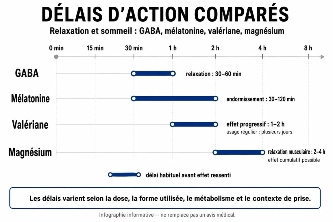 Infographie comparative des délais d'action du GABA et des compléments pour le sommeil et l'anxiété