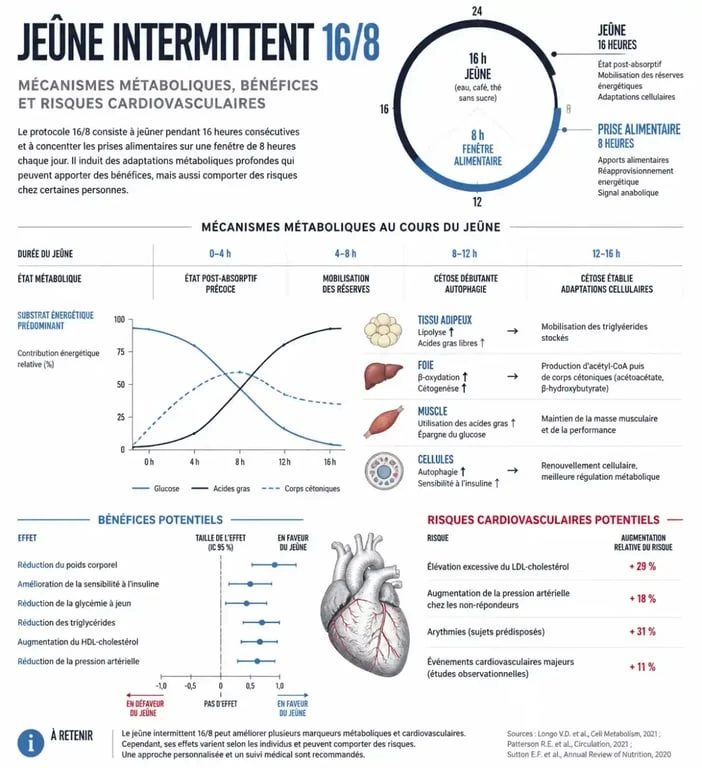Infographie sur les risques et bénéfices du jeûne intermittent 16/8 pour la santé cardiovasculaire