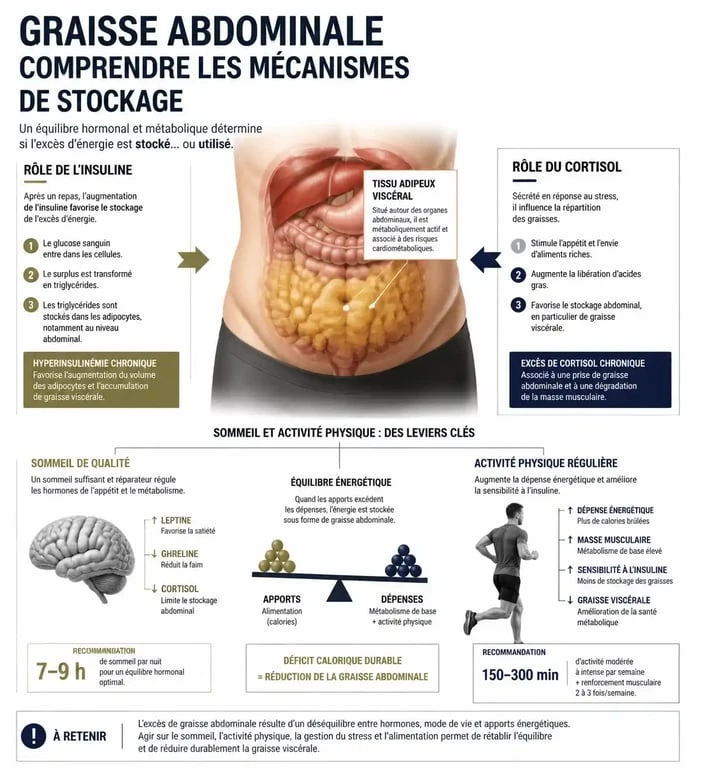Infographie expliquant les mécanismes physiologiques pour maigrir du ventre et réduire la graisse abdominale