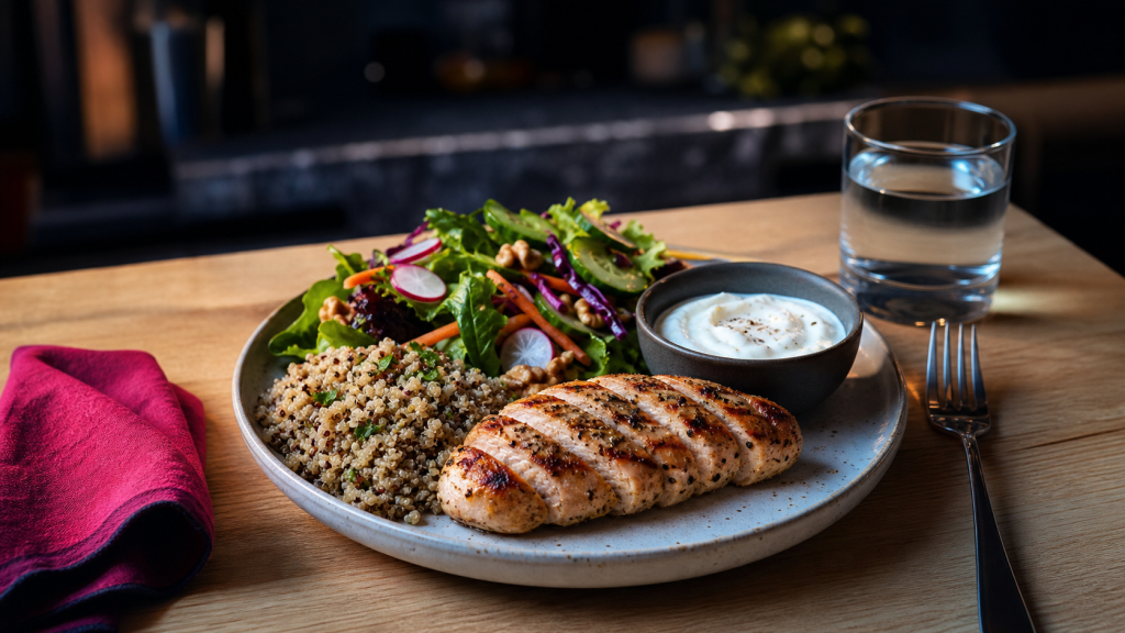 Repas riche en proteine : assiette poulet, quinoa et fromage blanc