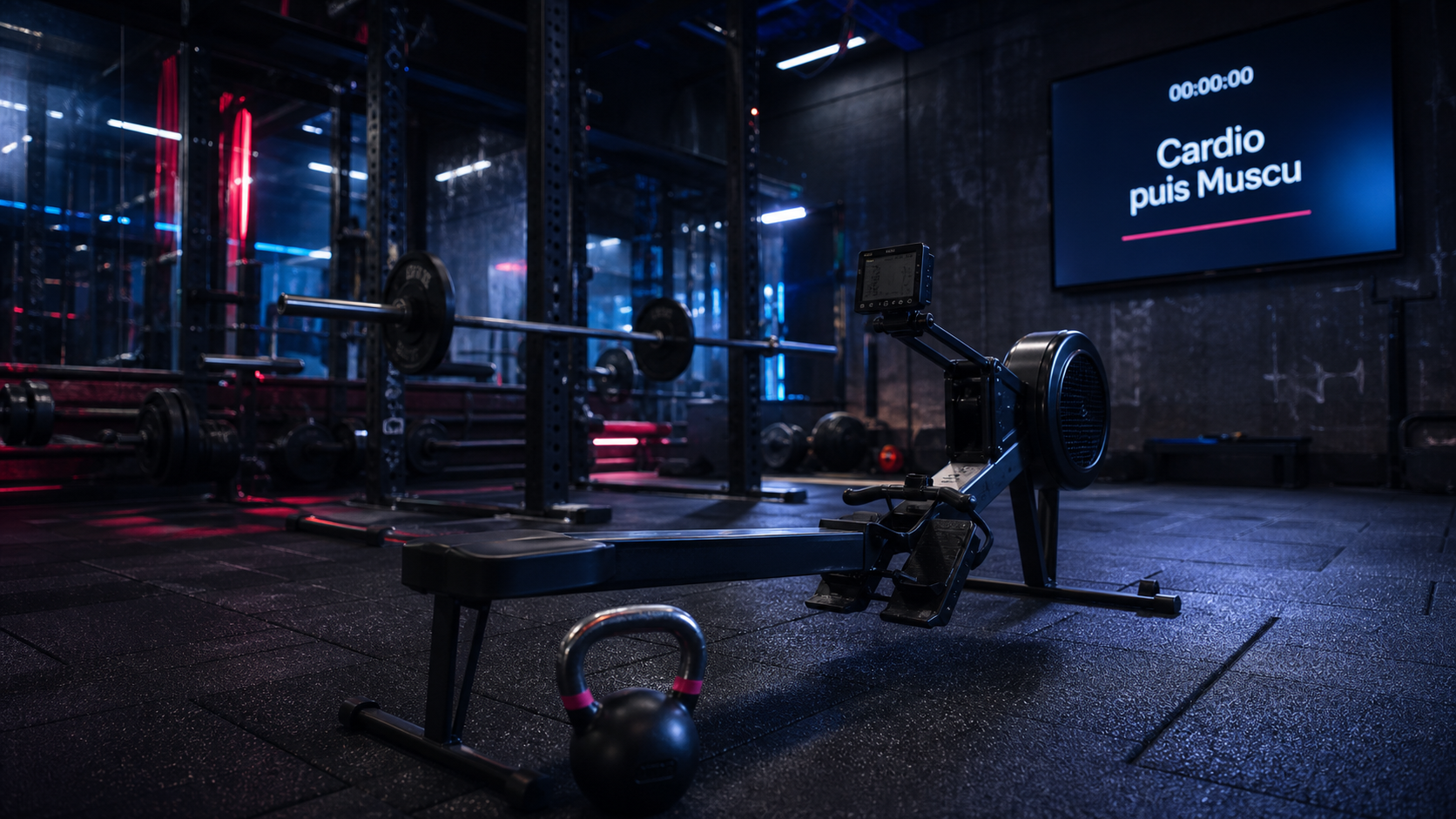 Cardio avant apres muscu : chronomètre sur écran en salle de sport