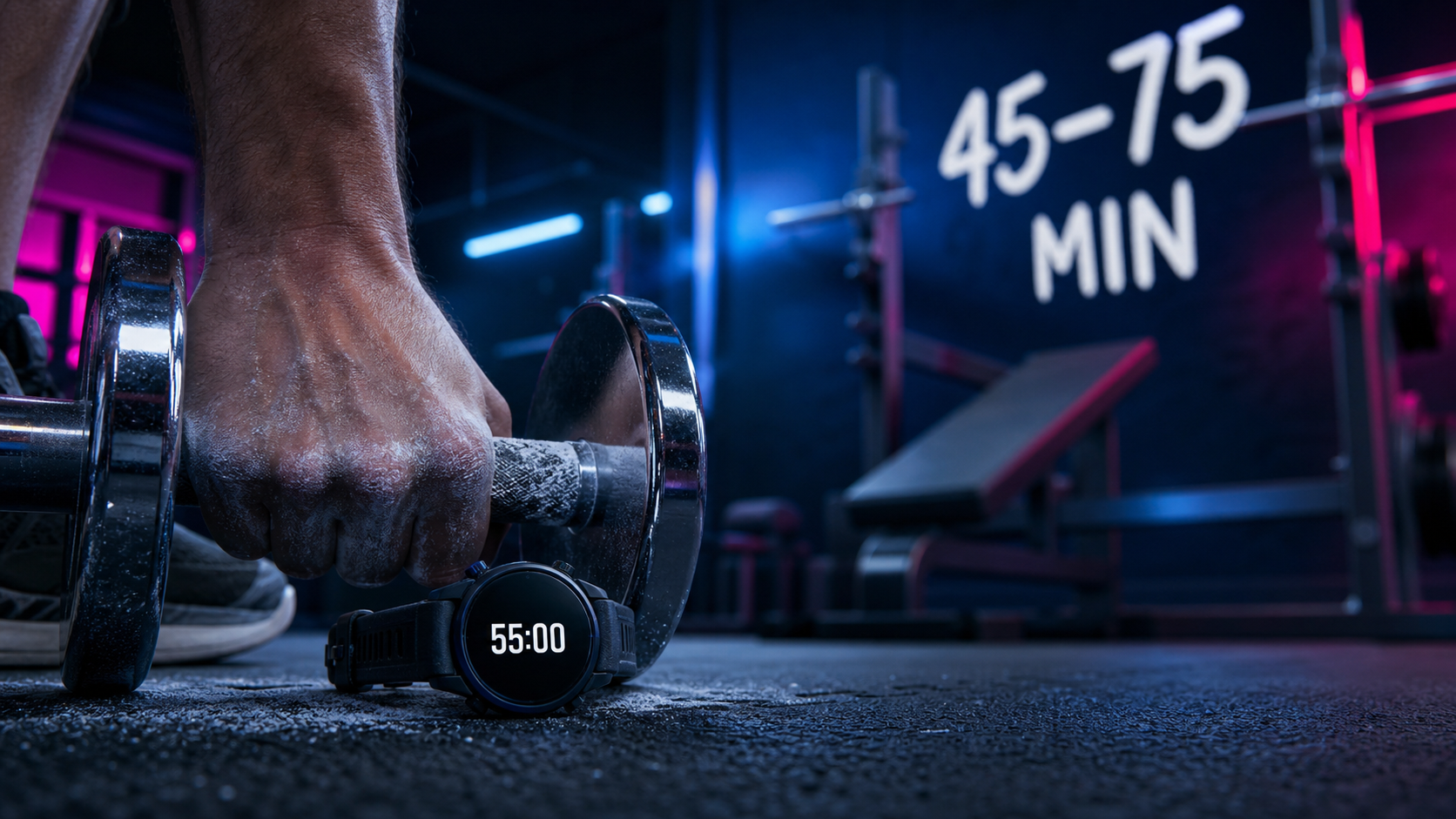 Durée séance musculation : 45 à 75 minutes, montre 55:00 en salle de sport