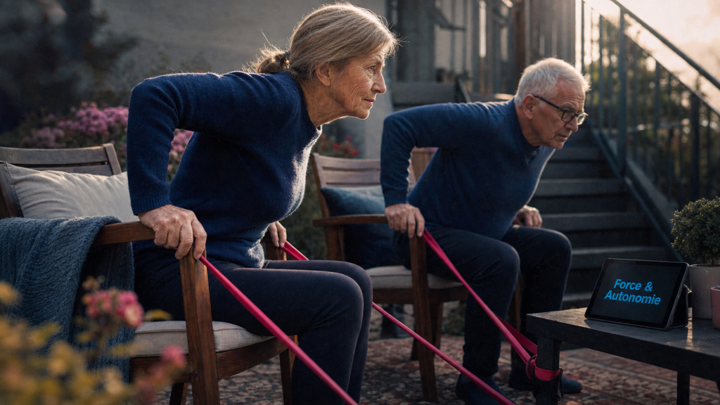 Perte masse musculaire age : seniors renforcent les jambes avec élastique
