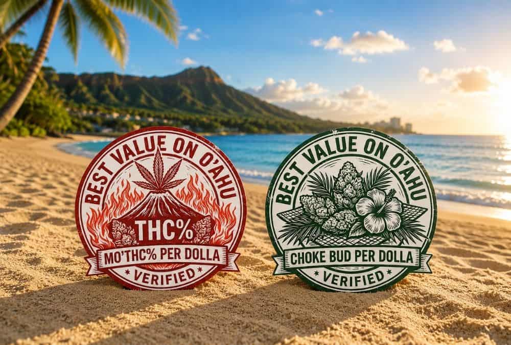 Aloha Green Apothecary value badges on a beach.