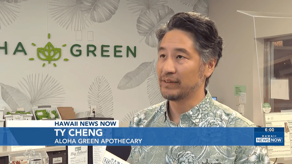 TY Cheng doing an interview in an AGA medical dispensary for HNN.