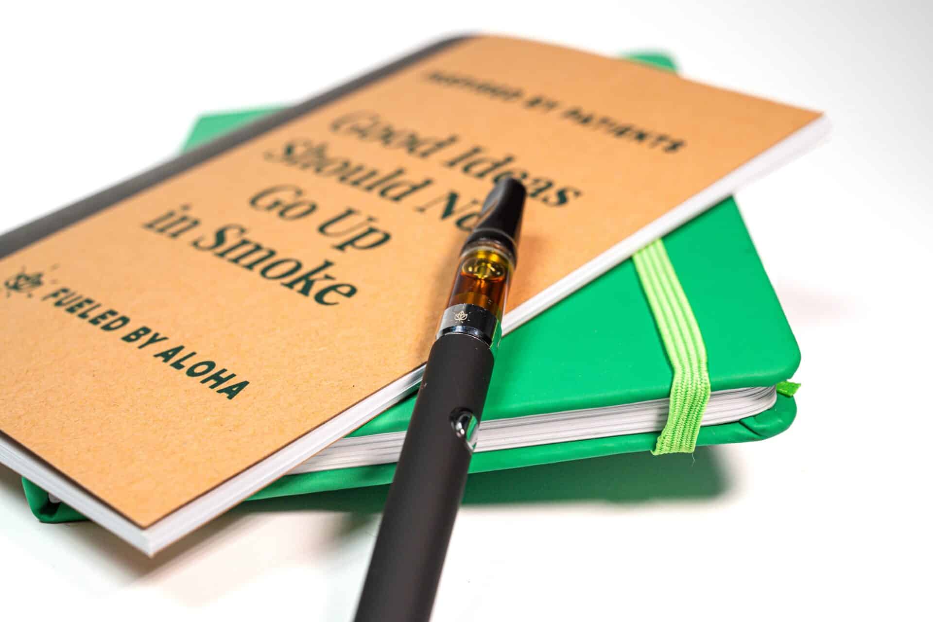 Photograph of the 2023 edition notebook swag from Aloha Green Apothecary, stacked on top of last year's green "think green thoughts" notebook with a battery & cartridge shown laying on top of both.