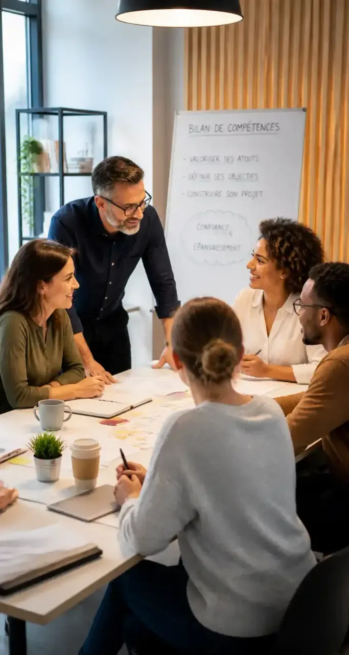 Groupe de professionnels réunis lors d'une session de formation en présentiel