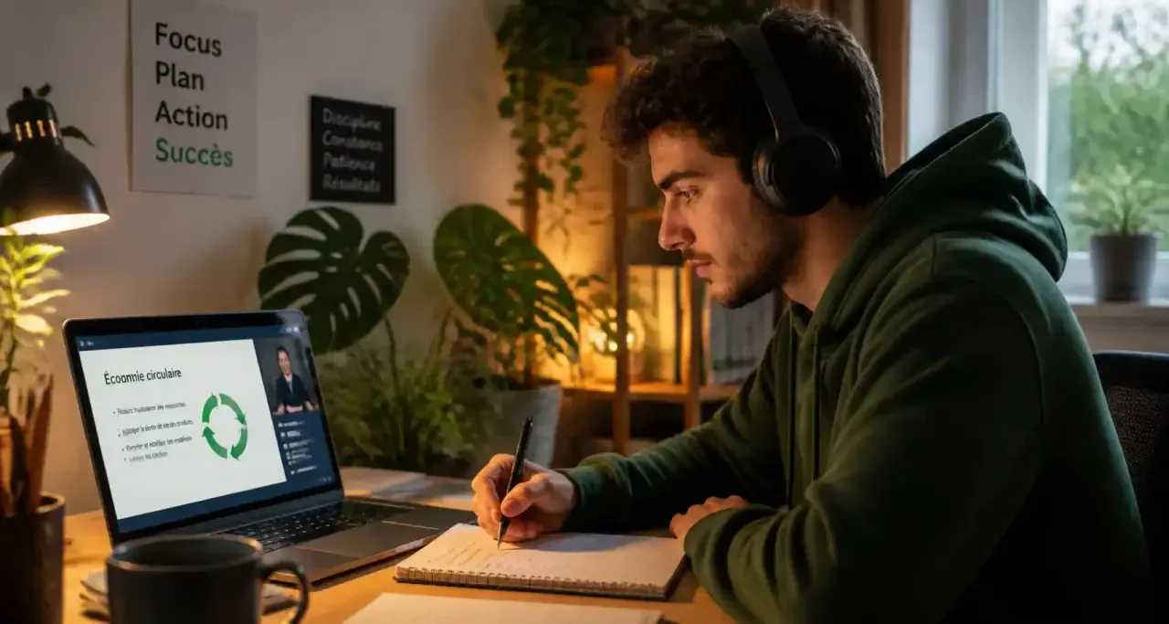 Jeune homme suivant un cours en ligne depuis son espace de télétravail